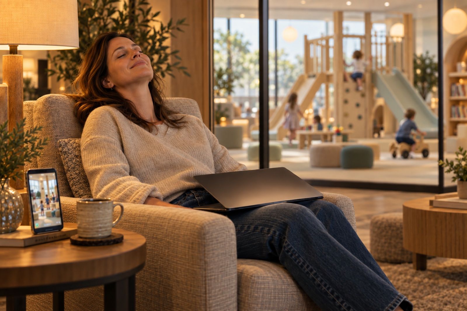 A parent resting in a lounge chair with her eyes closed, a laptop on her lap and a phone beside her showing a live view of the play area. Through a glass wall behind her, children climb a wooden play structure in warm daylight.