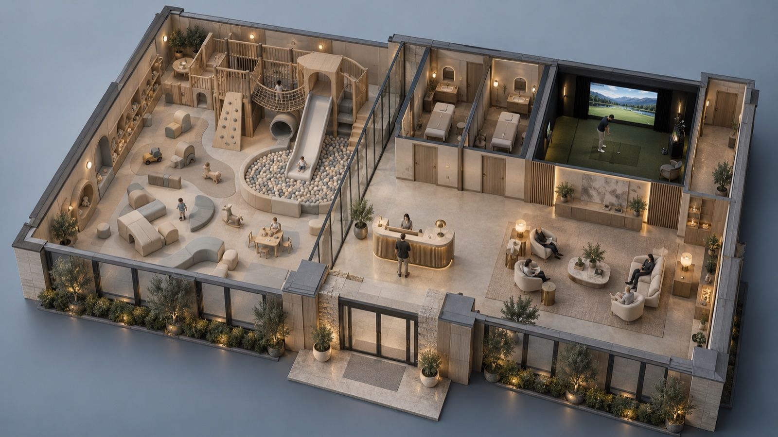 A cutaway floor plan of the Healfly space: a wooden play structure and ball pit on one side, a glass wall through the middle, and a lounge, treatment rooms and a golf simulator on the other.